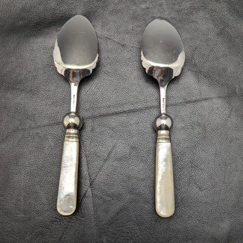 British Antique White Pearl Shell Handle Silver Plated Jam Spoon Pair